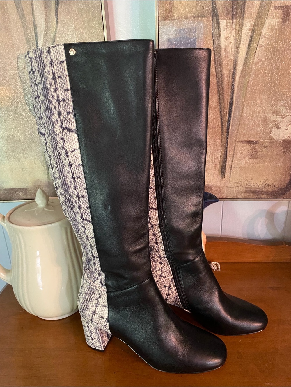 Cole Haan Black Leather Over-the-Knee Boots with Snakeskin-Print Back